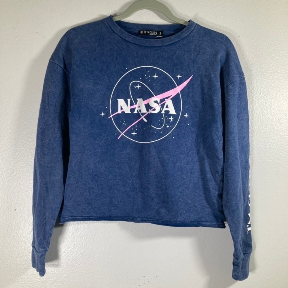 Fifth Sun Small NASA Cropped Sweatshirt Blue Acid Wash Graphic Top